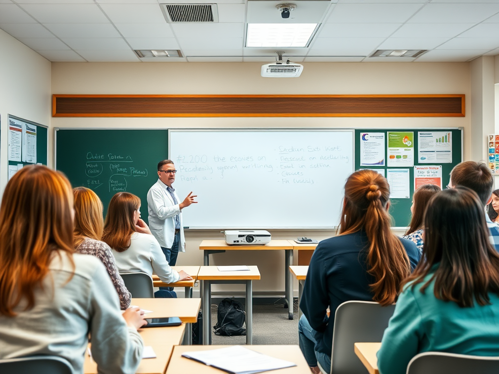 Научный семинар: преподаватель объясняет материал группе студентов в аудитории.