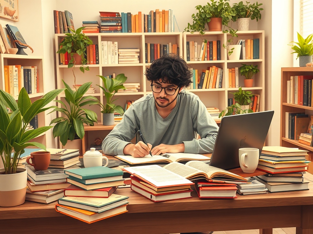 Молодой человек сидит за столом с книгами и ноутбуком, увлечённый занятиям в уютной библиотеке.