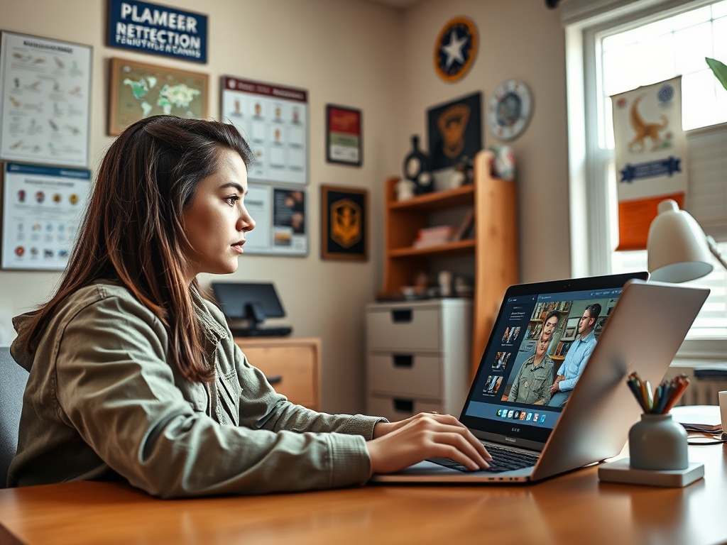 Женщина работает за компьютером в офисе, на экране видны фотографии и документы. Стены укражены постерами.