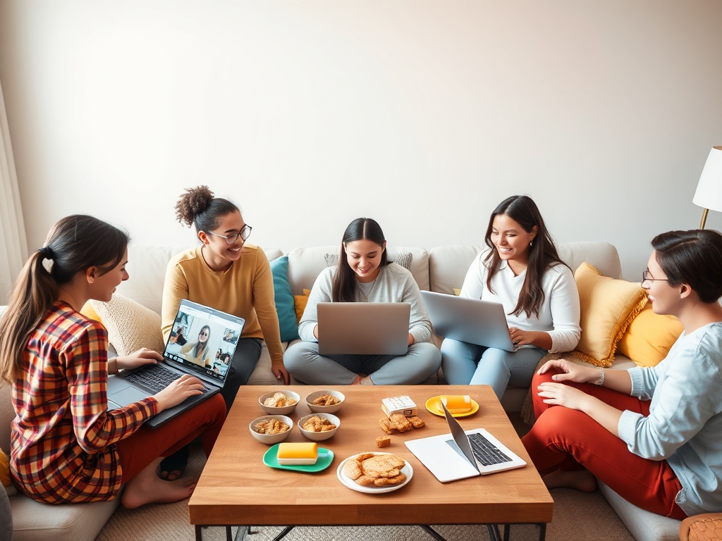 Группа девушек за ноутбуками на диване, обсуждают, едят закуски и улыбаются в уютной обстановке.