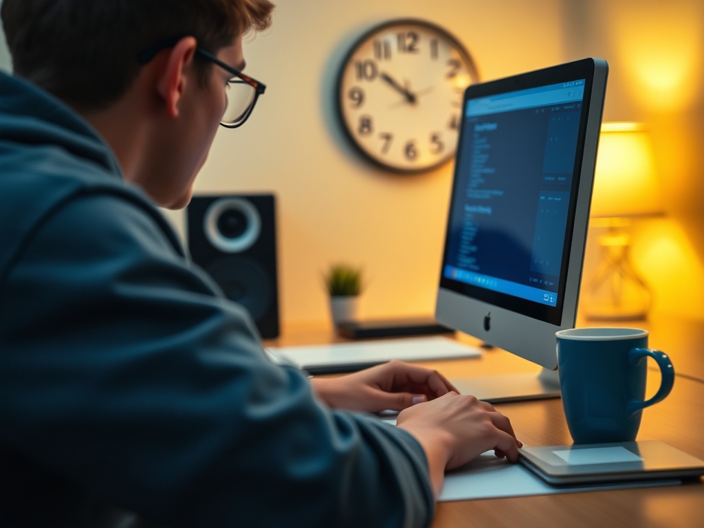 Молодой человек сидит за компьютером, работает с кодом, рядом чашка с напитком и настольная лампа.