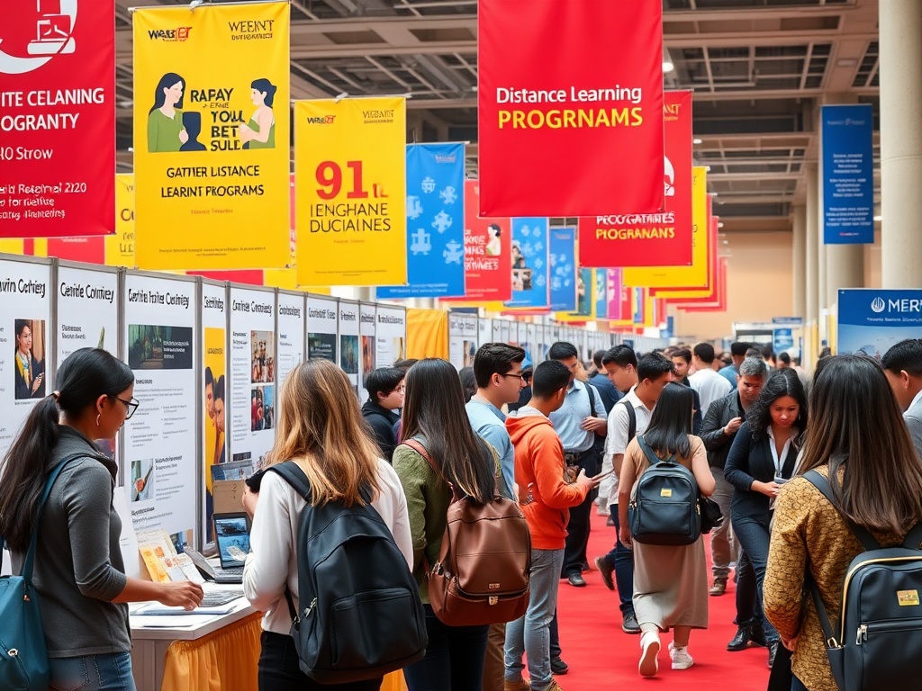 На выставке обучающих программ множество участников обсуждает и изучает различные направления.