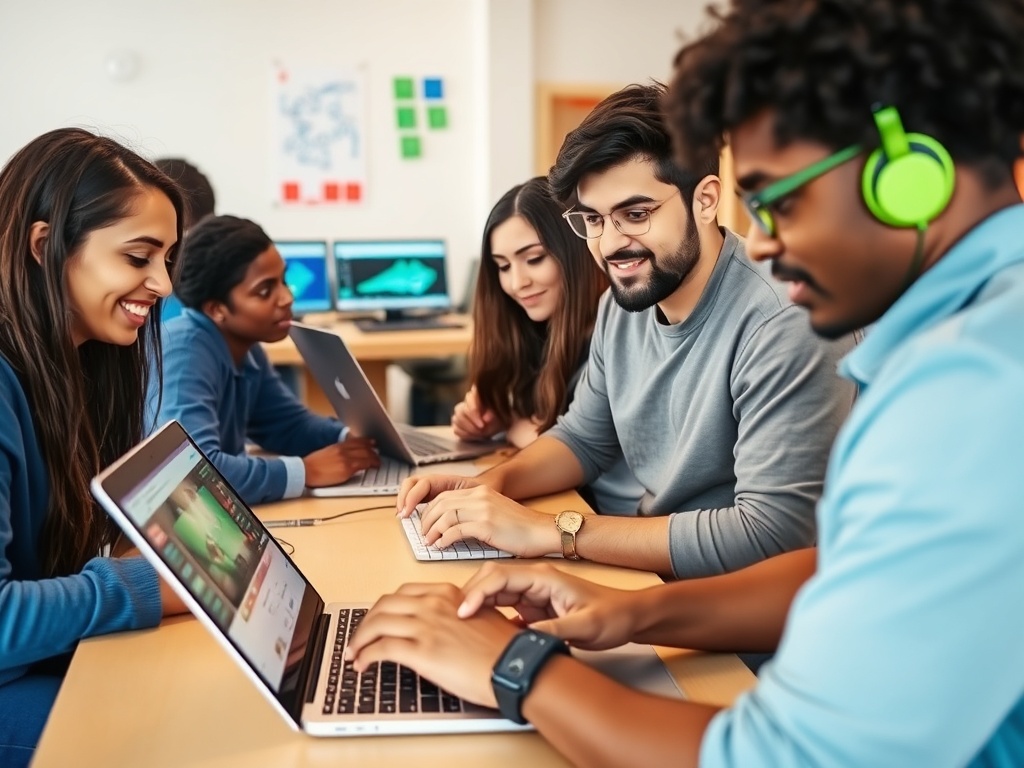 Группа студентов работает за ноутбуками, обсуждая проекты в дружелюбной обстановке.