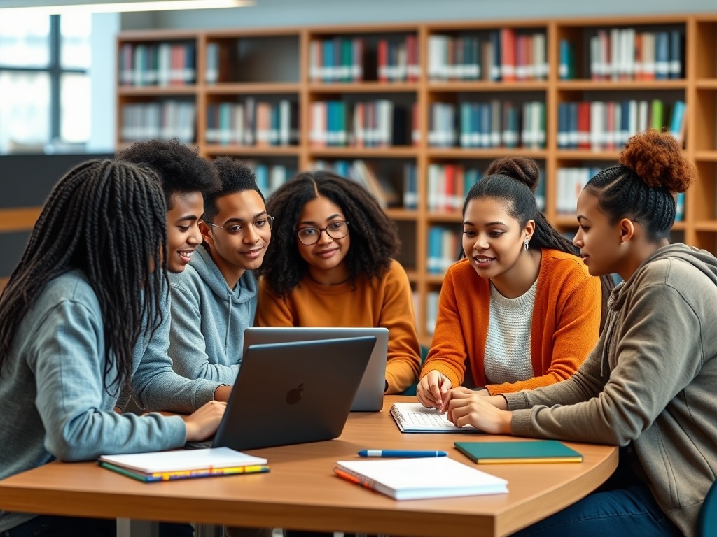 Группа молодых людей обсуждает идеи за столом в библиотеке, используя ноутбук и учебные материалы.