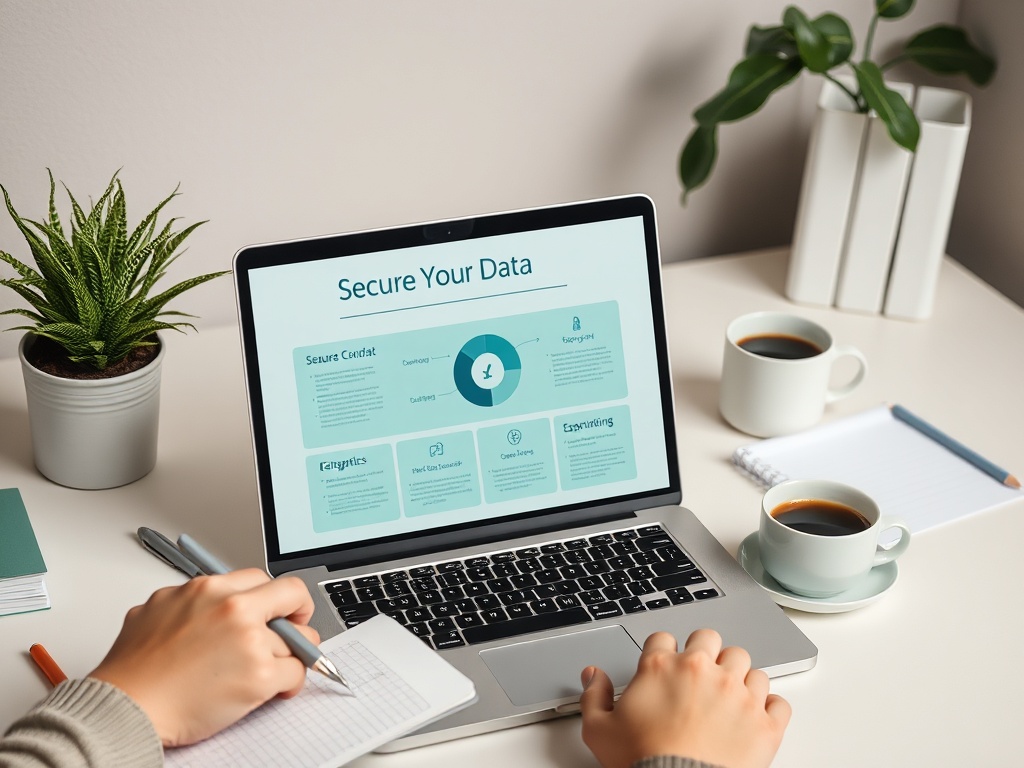 На экране ноутбука информация о безопасности данных, рядом чашка кофе и блокнот с ручкой.