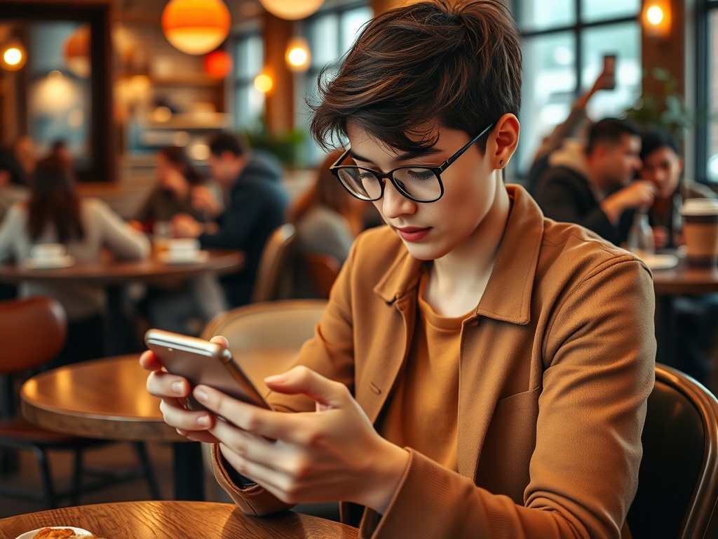 Молодой человек в очках смотрит на телефон в кафе, вокруг посетители за столиками.