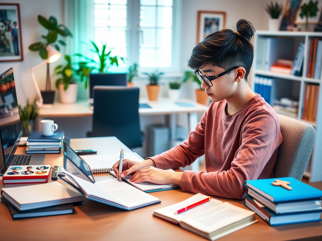 Молодой человек с очками пишет заметки за столом, окруженный книгами и растениями. Уютная рабочая обстановка.
