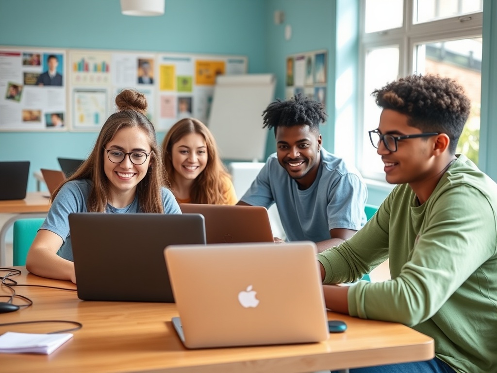 Четыре студента работают за ноутбуками, обсуждая учебный проект в светлом классе.