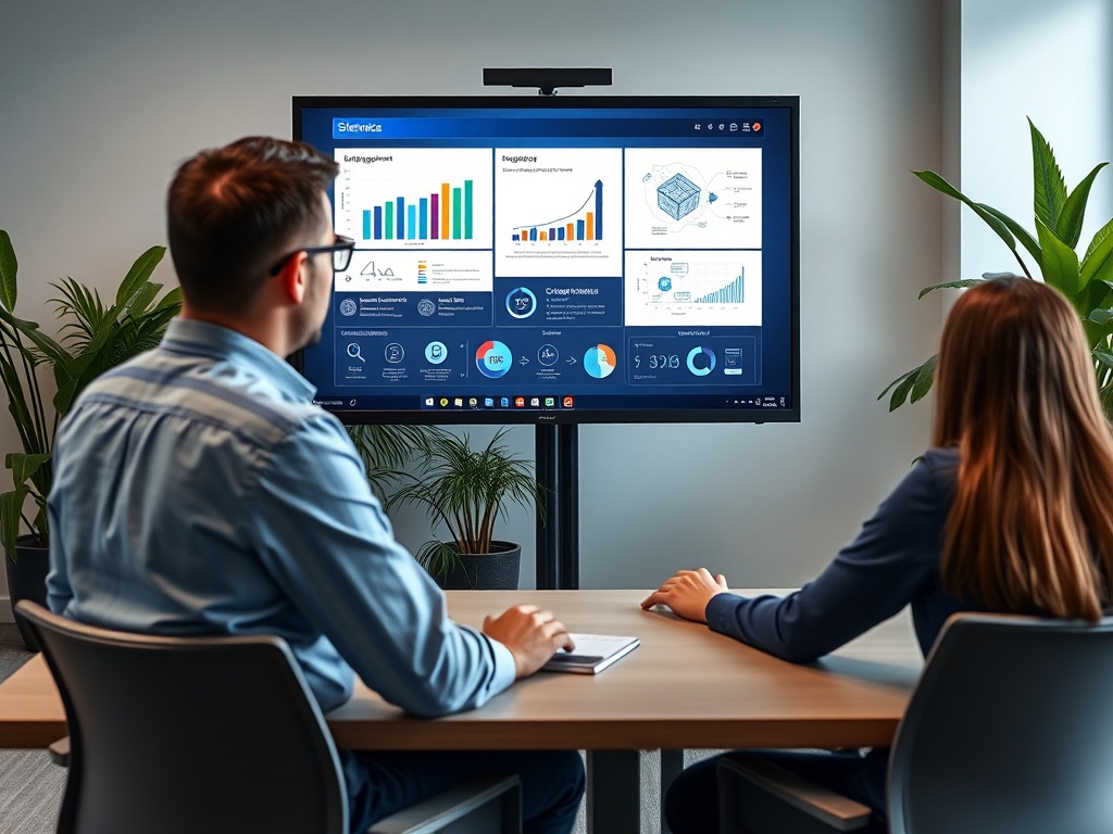 Два человека сидят за столом и смотрят на экран с графиками и данными в современном офисе.