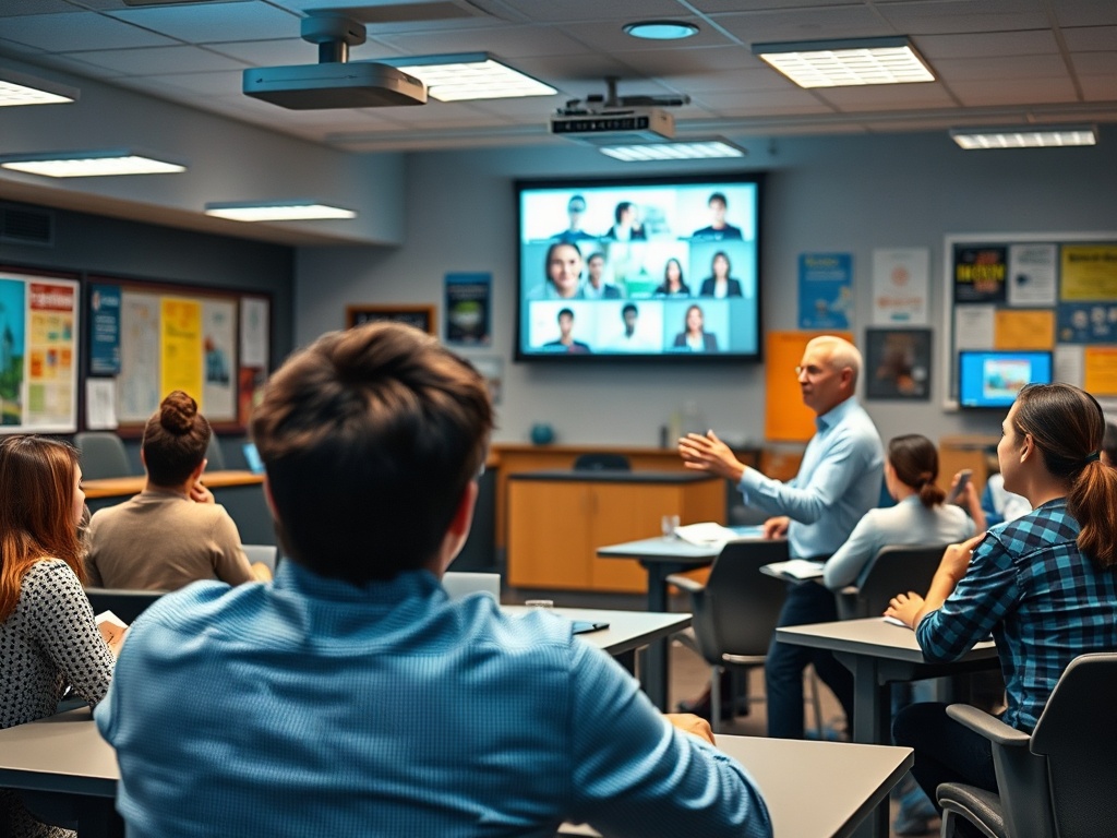 Группа людей на занятии, ведут обсуждение, на экране – участники видеоконференции.