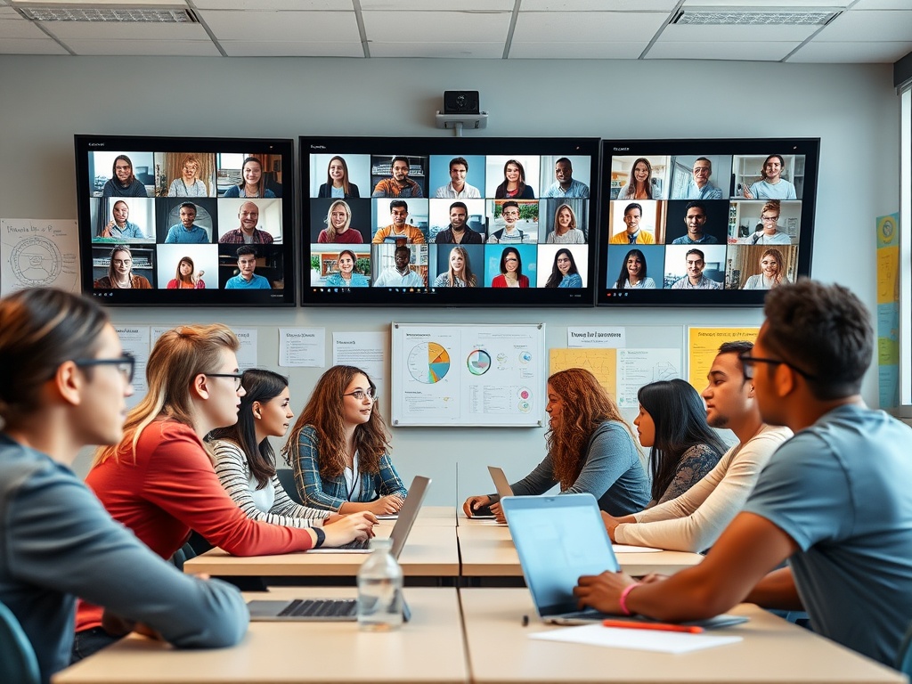 Группа людей на занятии, общающихся с участниками через видеозвонок, с экранами на стене.