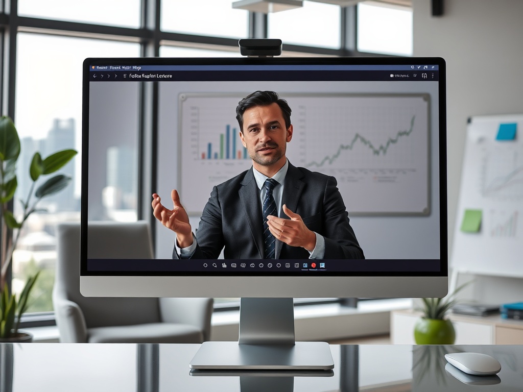 На мониторе изображён мужчина в костюме, ведущий онлайн-лекцию с графиками на заднем плане.