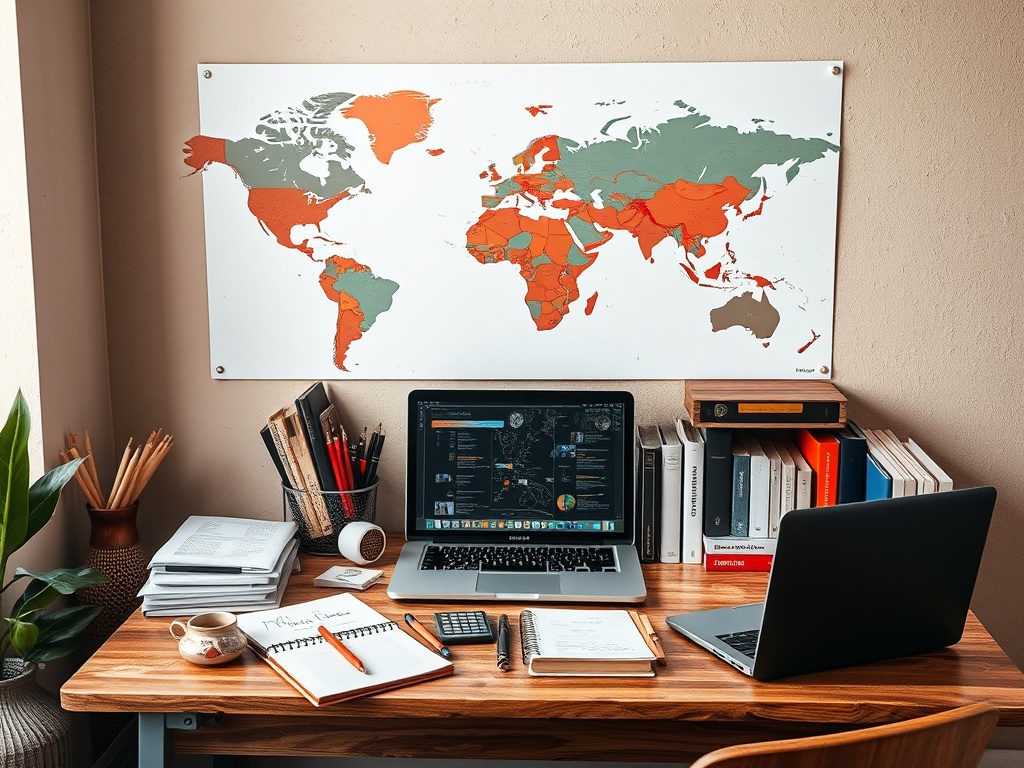 На столе с компьютерами и книгами висит карта мира с окрашенными регионами. Растения добавляют уют.