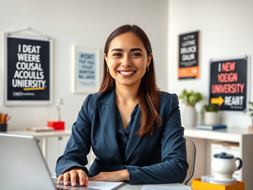 Молодая женщина в офисной одежде улыбается, сидя за столом с компьютером и постерами на стенах.