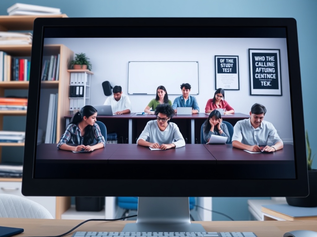 Студенты сидят за столом на онлайн-занятии, сосредоточенно работая на ноутбуках и планшетах.