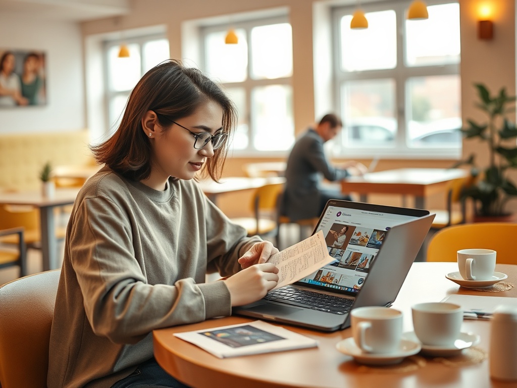 Молодая женщина с ноутбуком и чашками кофе, сосредоточенно читает документы в кафе.