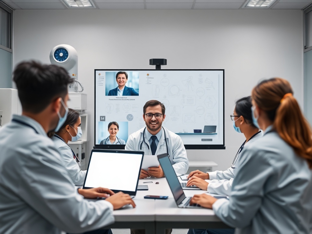 Врачи на видеоконференции обсуждают медицинские вопросы, используя компьютеры и планшеты.