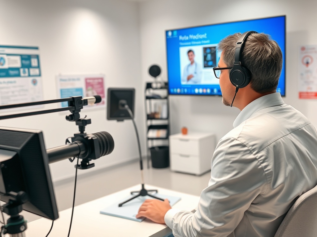 Мужчина в наушниках участвует в вебинаре, сидя за столом в современном офисе. На экране презентация.