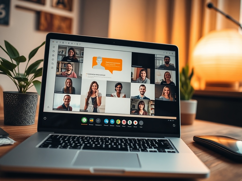 На экране ноутбука видеозвонок с несколькими участниками, работающими из домашних офисов.