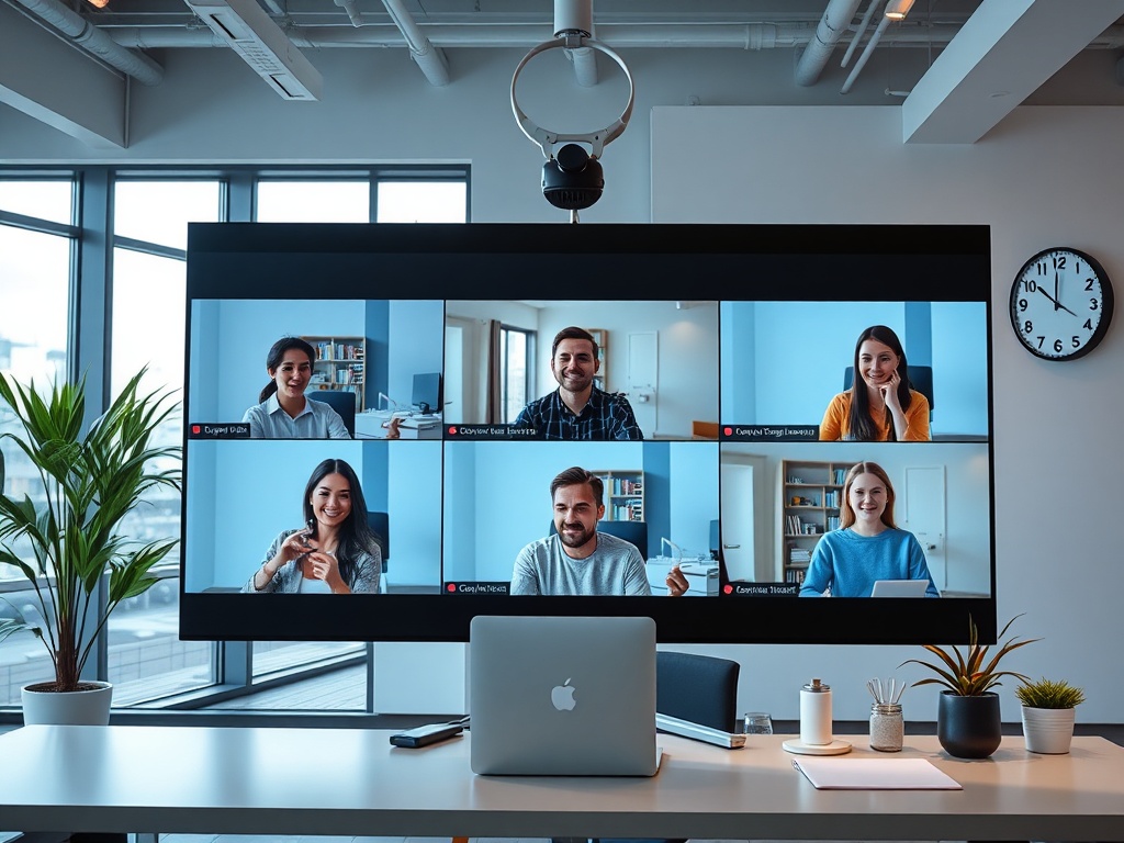 Группа людей на видеоконференции в современном офисе с растениями и часами на стене.