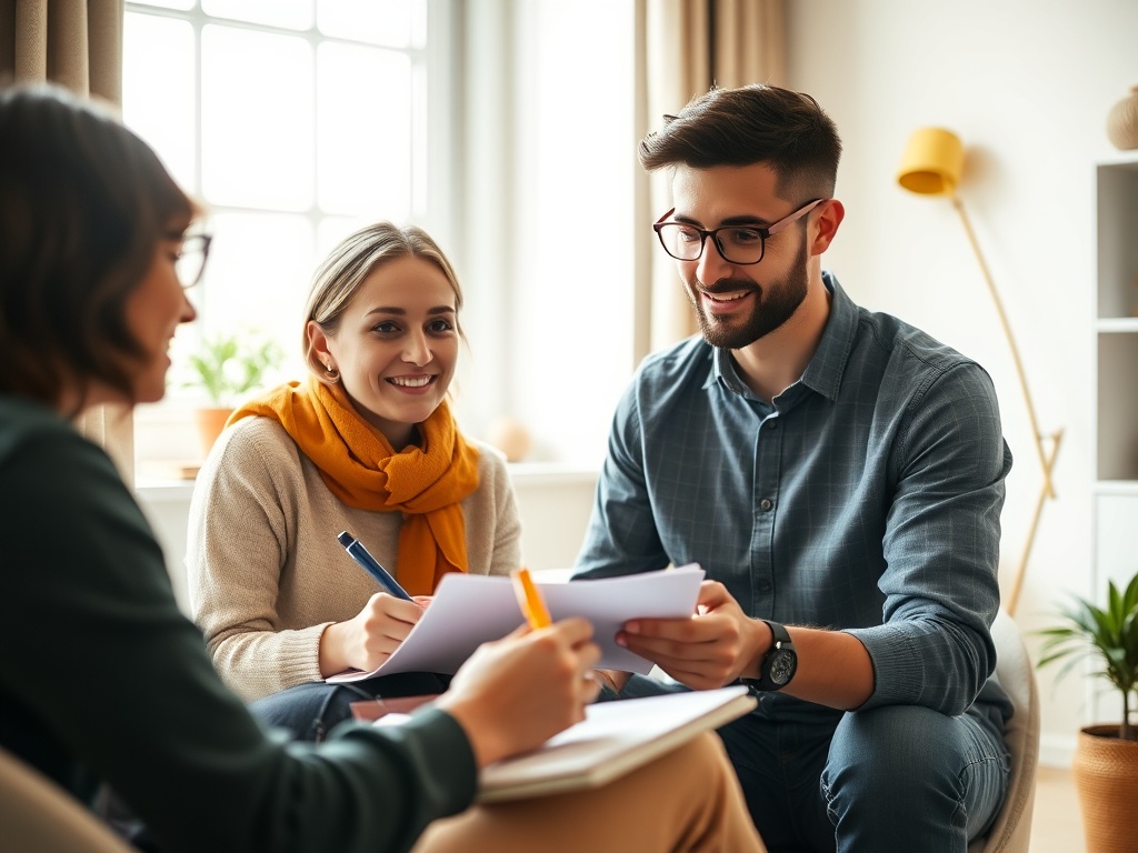 Трое молодых людей обсуждают идеи в уютной обстановке, улыбаются и работают с бумагами.