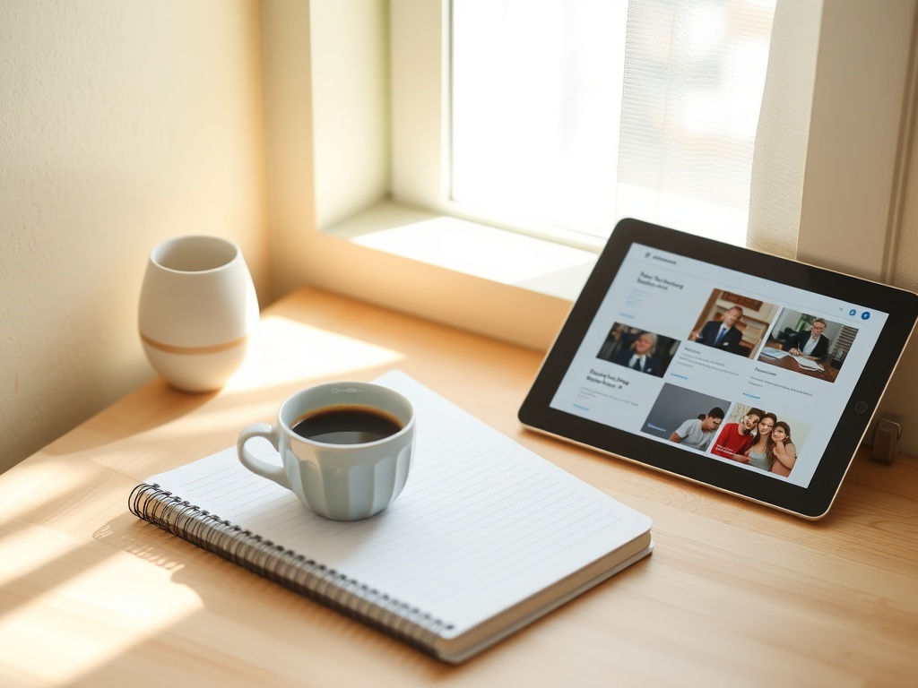На столе у окна чашка кофе, блокнот и планшет с открытым приложением. Светлый и уютный интерьер.