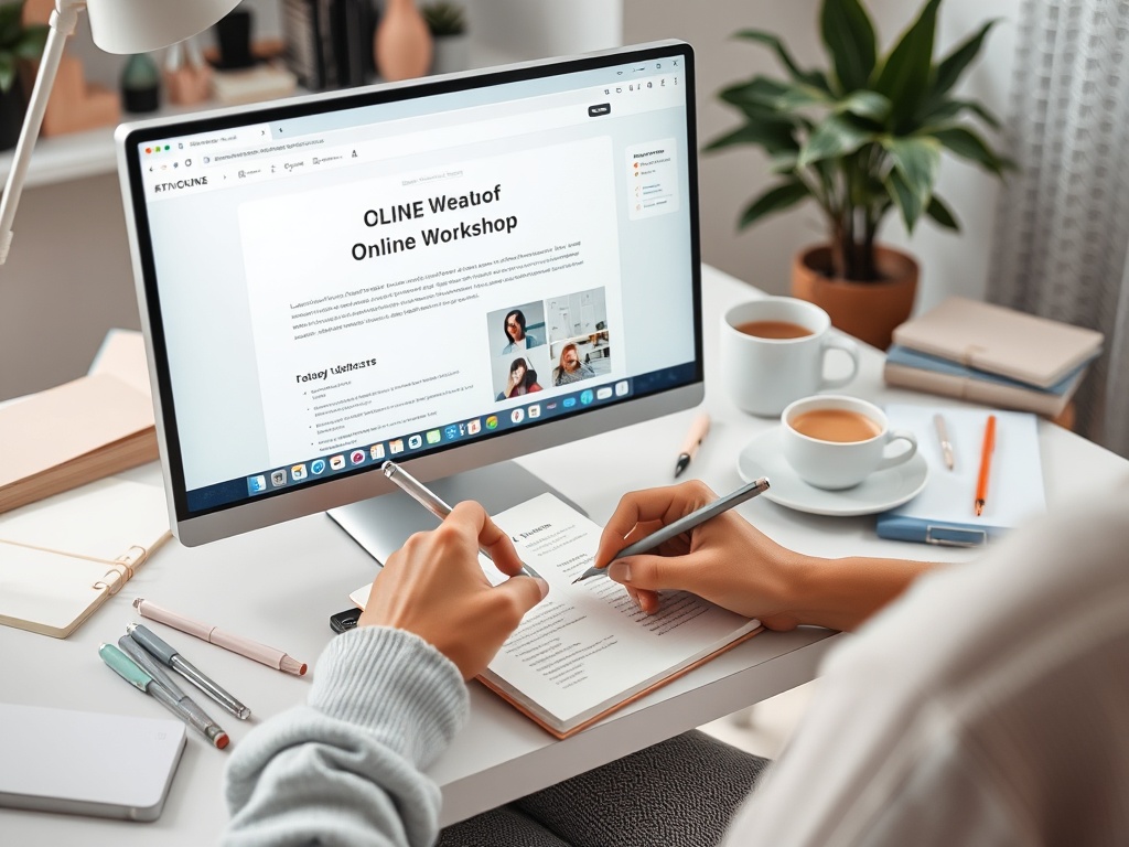 На столе стоят чашки с кофе, ноутбук с вебинаром и заметки, которые пишет человек с ручкой.