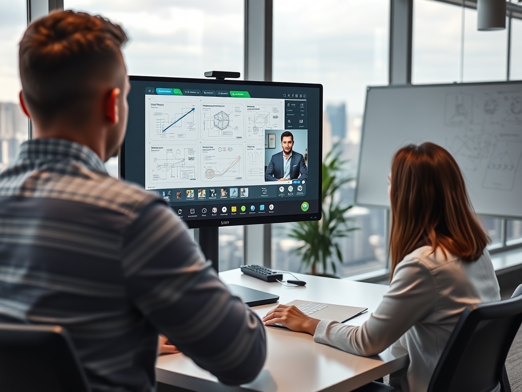 Два человека на видеоконференции в офисе, обсуждают графики и чертежи на экране монитора.