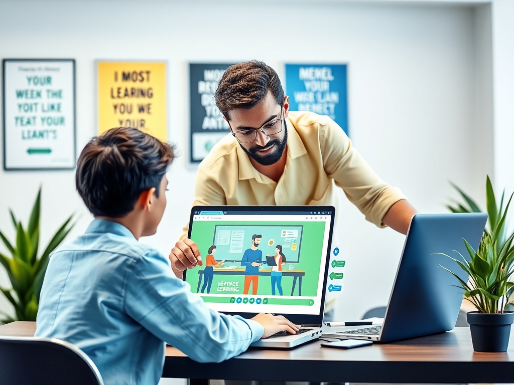 На изображении учитель и ученик работают за компьютером в современном офисе. Обстановка учебная и дружелюбная.