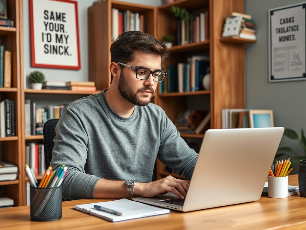 Молодой человек в сером свитере работает за столом на ноутбуке в уютном офисе с книгами.