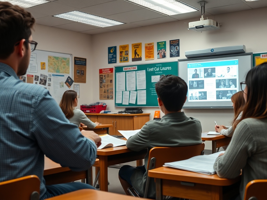 Студенты сидят за партами в классе, слушая преподавателя и смотря на экран с презентацией.