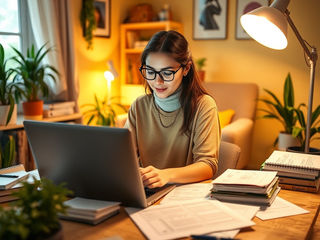 Молодая женщина с длинными волосами работает за столом, окружённая растениями и бумагами. Светлая, уютная обстановка.