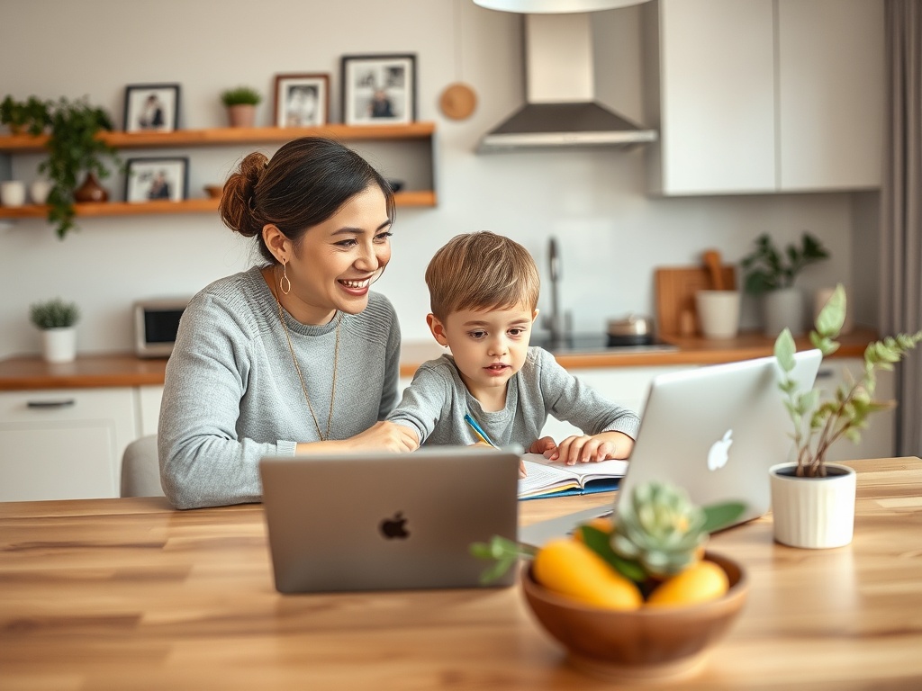 На изображении мама и сын занимаются учёбой за столом с ноутбуками и книгами в уютной кухне.