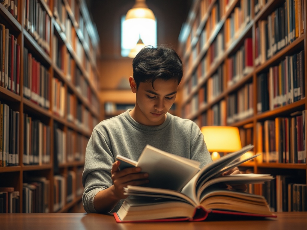 Молодой человек читает книгу в библиотеке, окружённой полками с книгами и мягким светом.