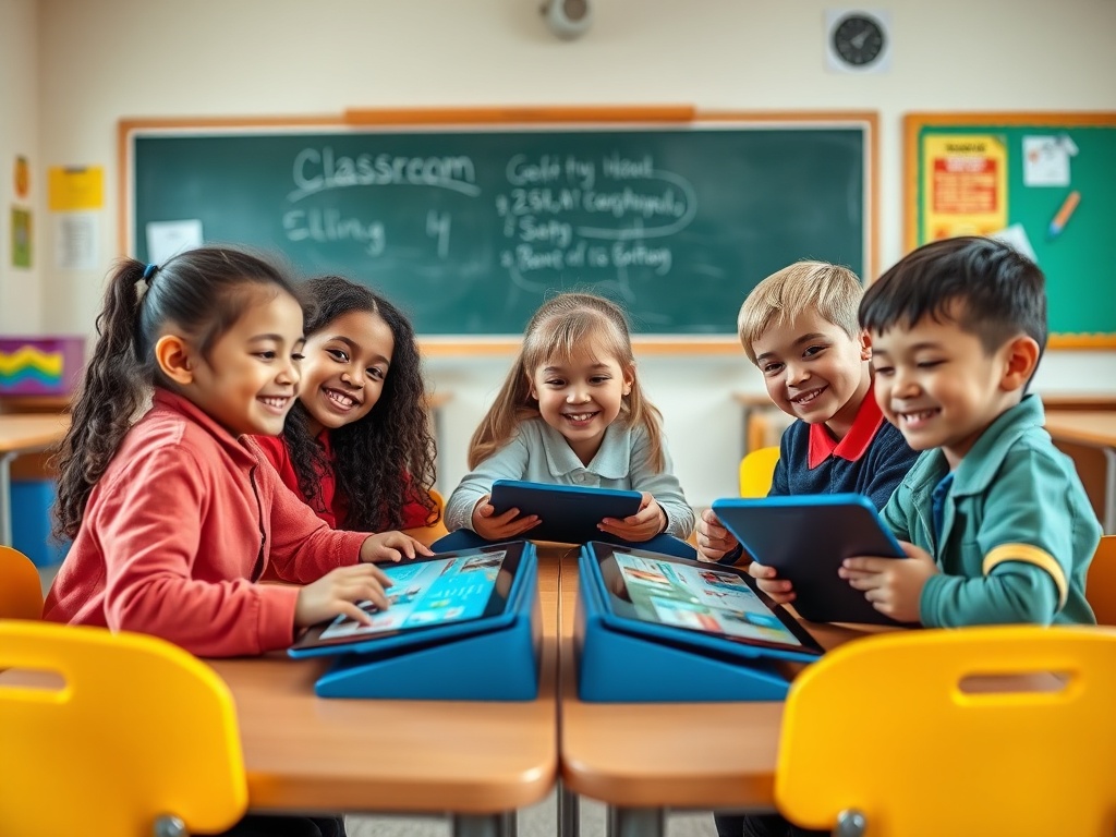 Дети в классе, занимающиеся с планшетами, улыбаются и общаются друг с другом.