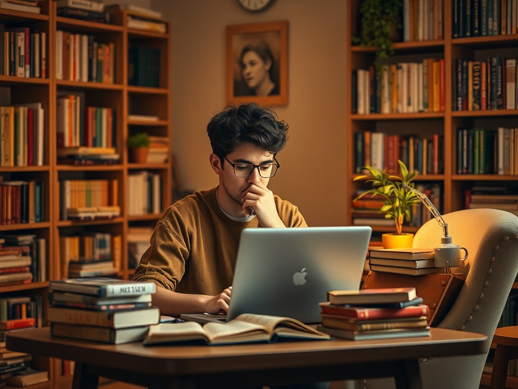 Молодой человек, задумавшись, работает за ноутбуком в библиотеке, окруженный книгами.