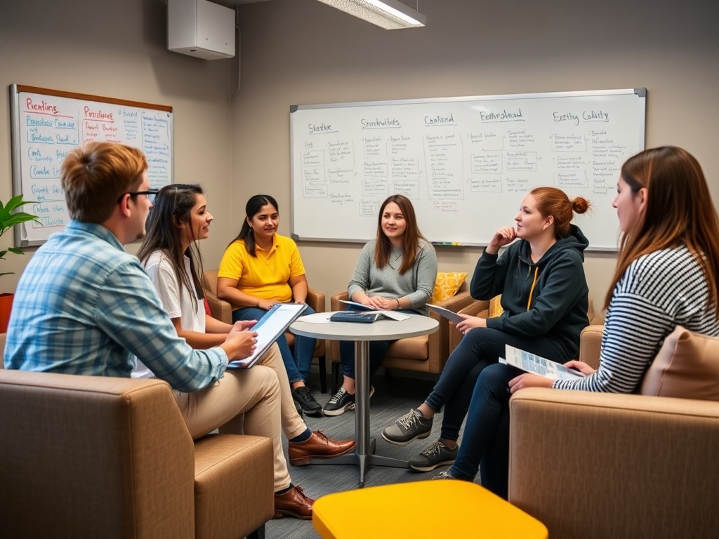 Группа людей обсуждает идеи в уютной комнате, окружённой стендами с заметками и графиками.