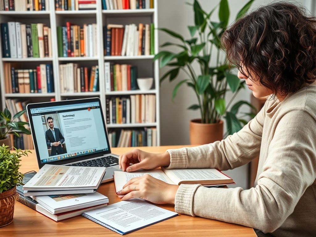 Студентка изучает материалы, сидя за столом с книгами и ноутбуком на фоне книжной полки.