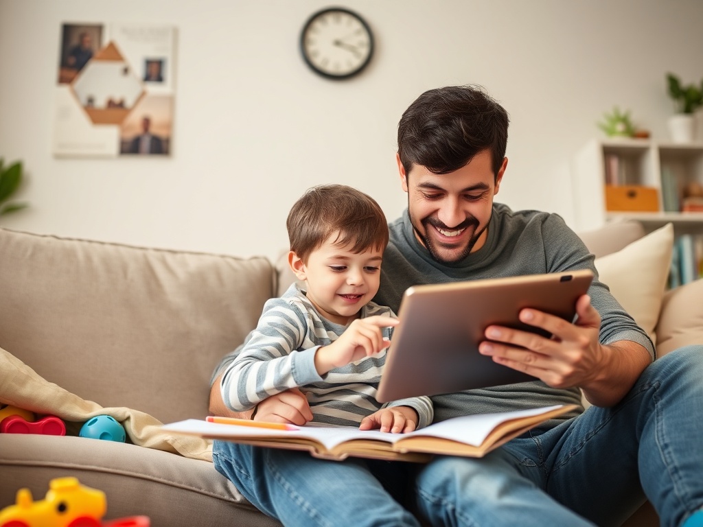Отец и сын вместе читают книгу и смотрят на планшет, улыбаясь и наслаждаясь временем вдвоем.