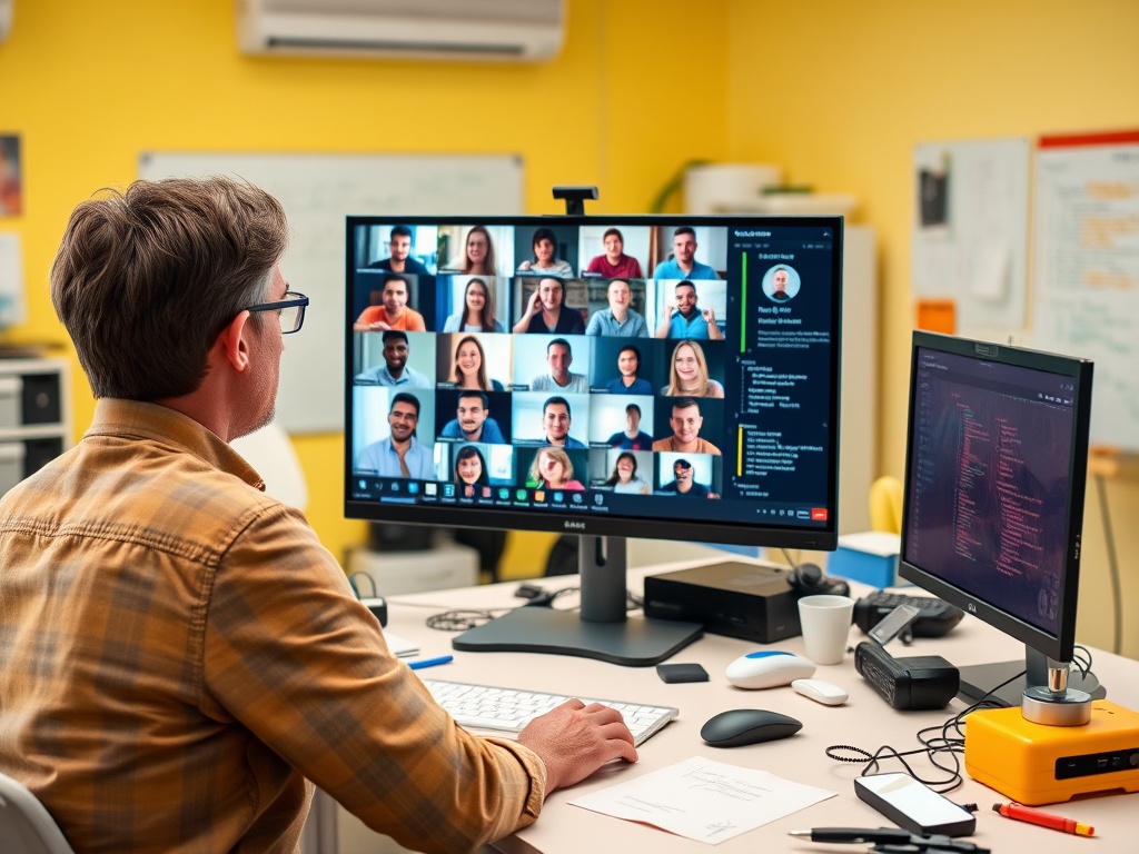 Человек участвует в видеоконференции на большом экране, рядом с компьютером и канцелярскими принадлежностями.