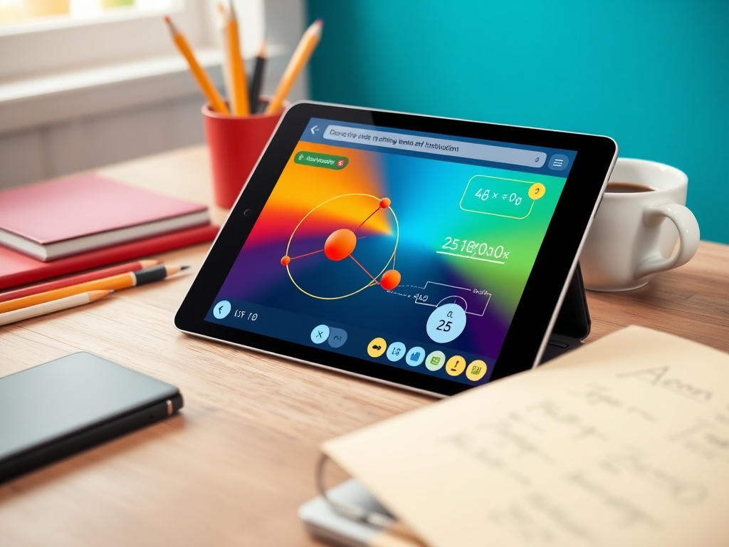 На кухонном столе планшет с графическим интерфейсом, книги и кружка с кофе рядом.