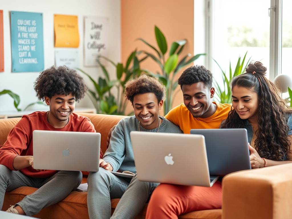 Четыре молодежи сидят на диване и работают за ноутбуками, улыбаются и общаются друг с другом.