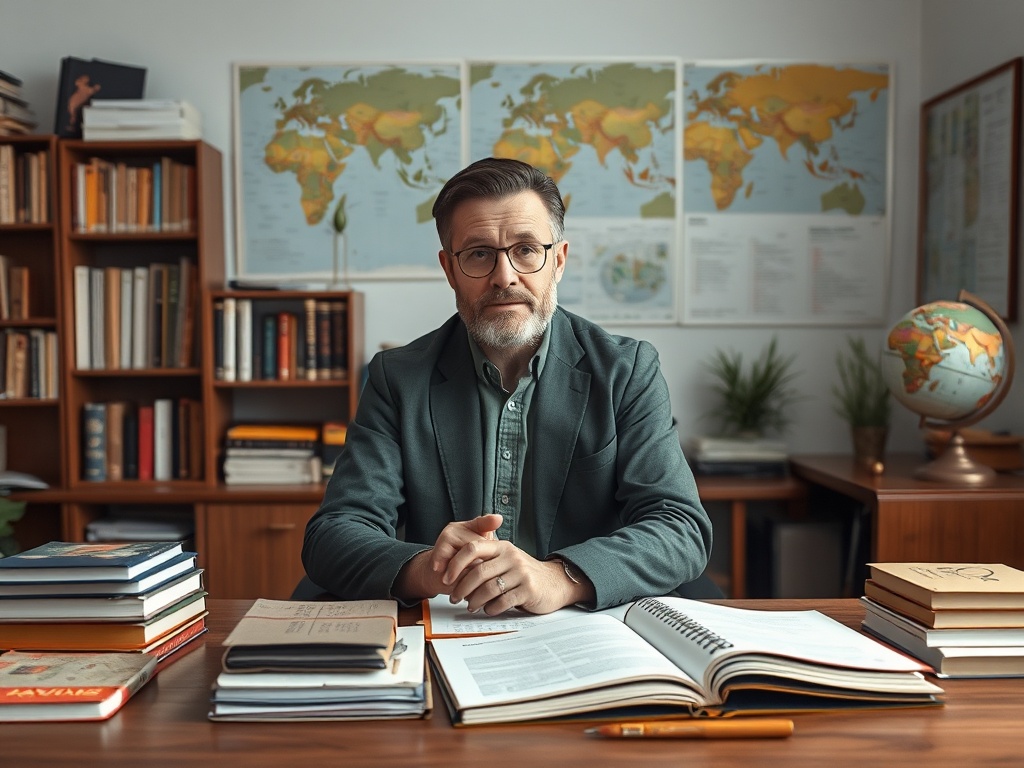 На фотографии сидит мужчина средних лет, окружённый книгами и картой мира в классе.