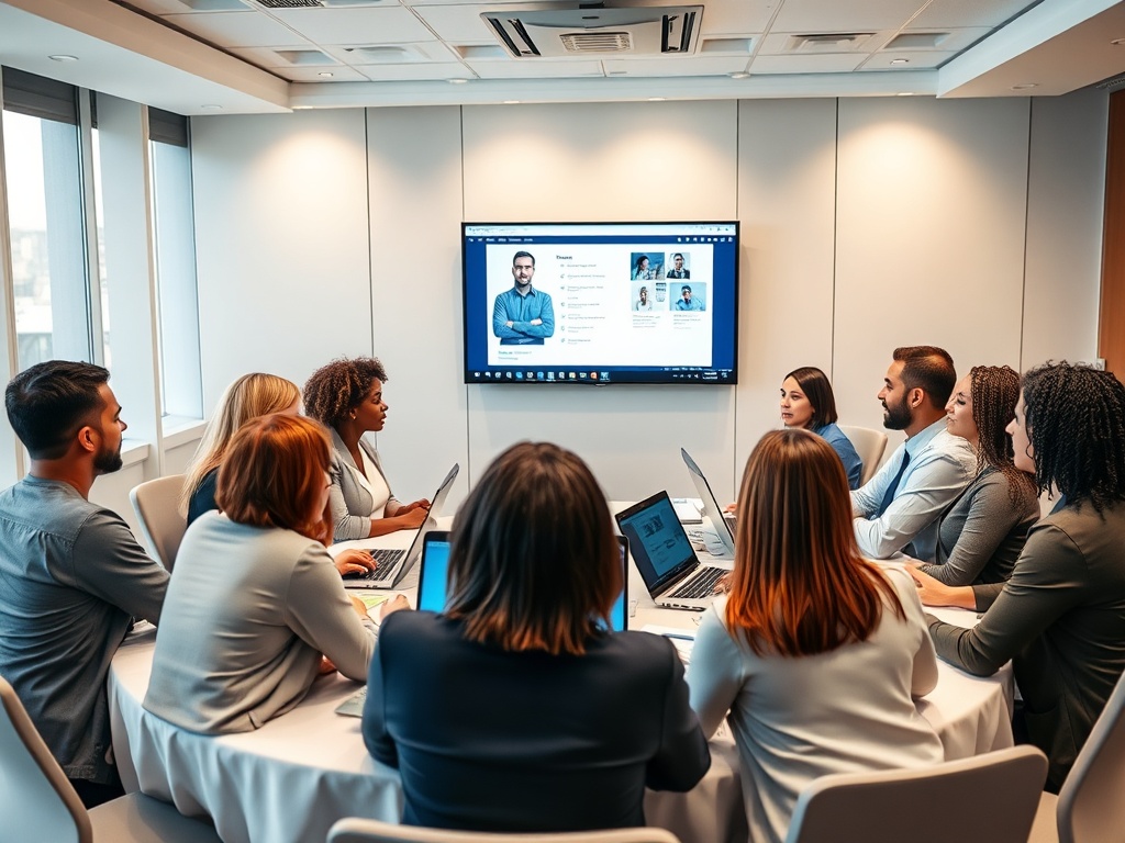 Группа людей обсуждает проект на встрече, экран показывает презентацию с информацией.