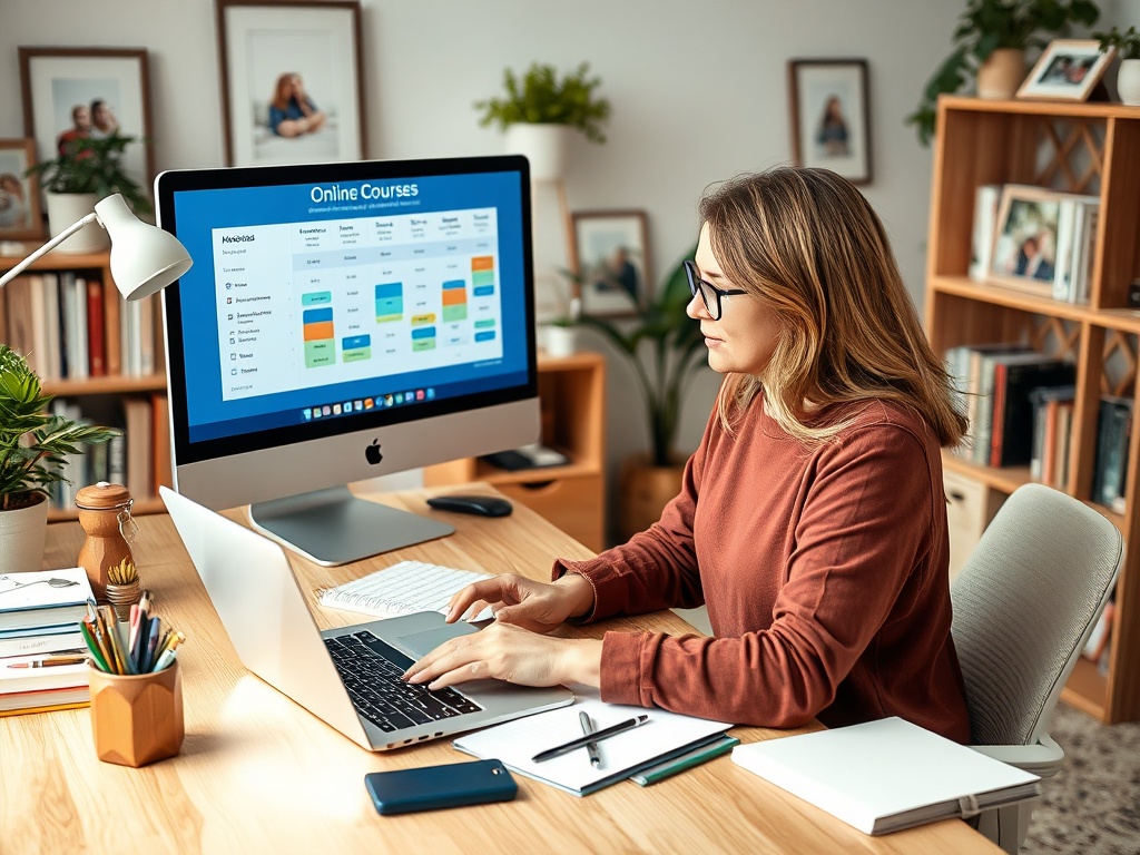 Женщина работает за столом с компьютером, на экране которого представлены онлайн-курсы и таблицы.
