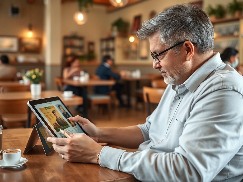 Мужчина с серыми волосами читает на планшете в кафе, рядом чашка кофе и цветы на столе.