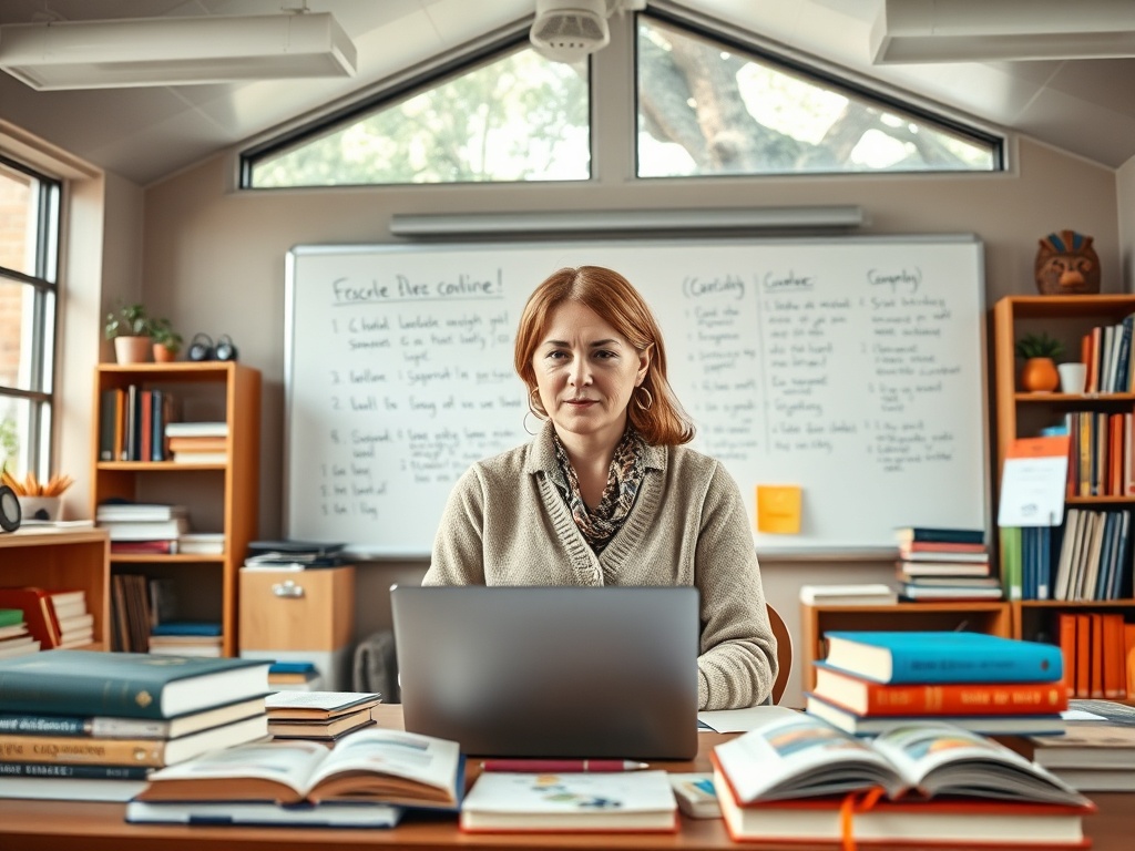 Женщина сидит за столом с ноутбуком, окруженная книгами и заметками на фоне учебной доски.
