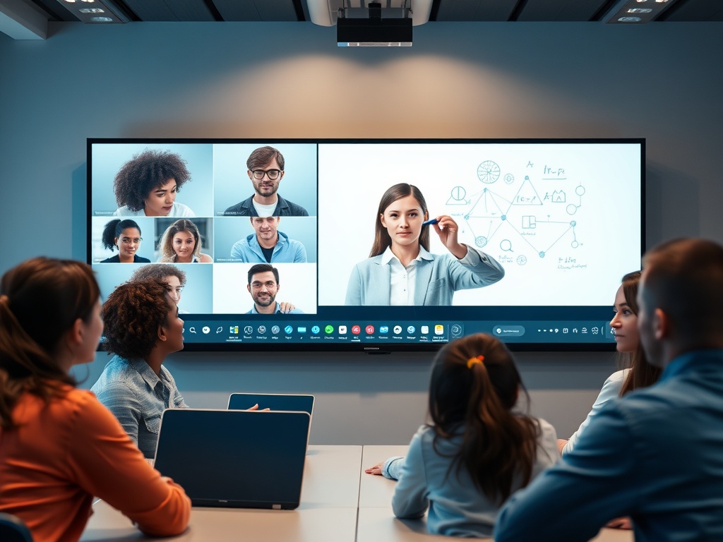 На экране видеоконференции ученики слушают презентацию от преподавателя в классе.