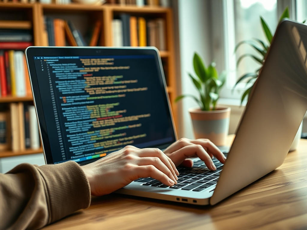 На изображении рука, печатающая код на ноутбуке, с фоном из книжных полок и зелёным растением.