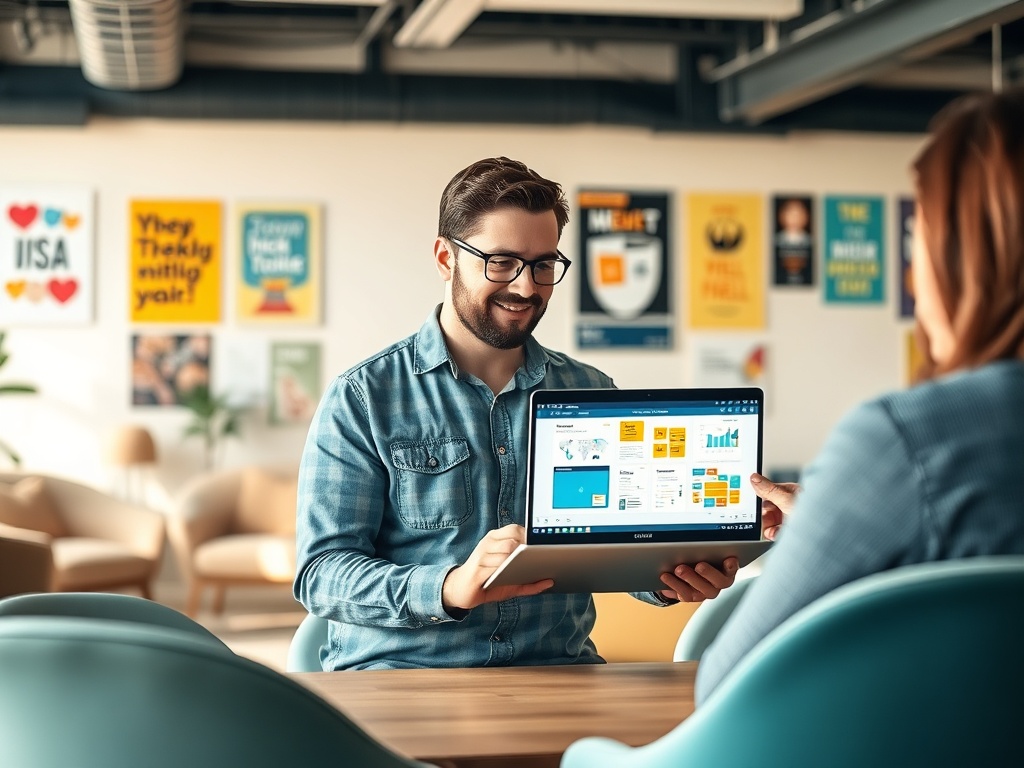 На изображении мужчина показывает экран ноутбука собеседнице, на фоне офисные постеры.